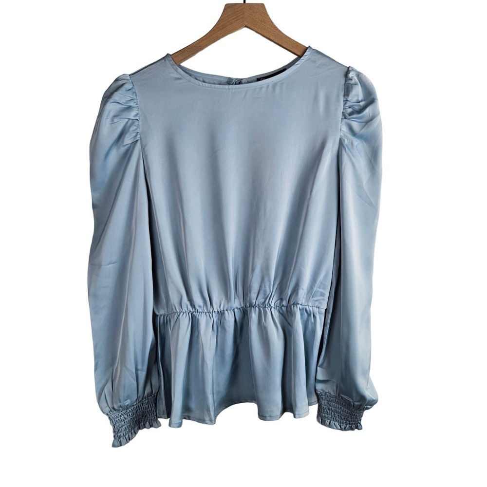 NEW PrettyGarden Satin Puff Sleeve Blouse M Light Blue Top NWT
